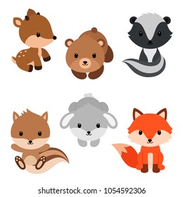 Woodland animals and decor elements set. Vector illustration isolated on white background.