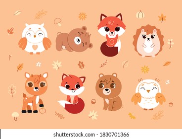 Woodland animals and decor elements set. Vector illustration isolated on white background.