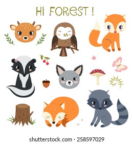 Woodland animals and decor elements set. Vector illustration isolated on white background.