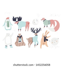 Woodland animals flat hand drawn vector characters set. Cute cartoon deer, bear, raccoon, fox, penguin, hare in sweaters, scarves. Isolated cliparts collection. Christmas, New Year illustrations