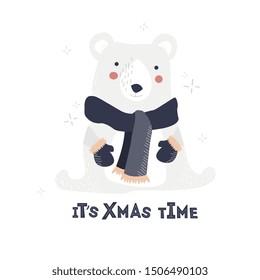 Woodland animals flat hand drawn vector characters set. Cute cartoon bear hare in scarves. Isolated cliparts collection. Christmas, New Year illustrations