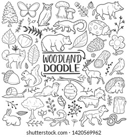 Woodland Animals Forest Traditional Doodle Icons Sketch Hand Made Design Vector