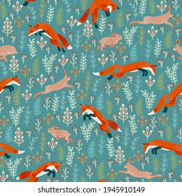 Woodland animals. Foxes and hares in a forest clearing. Green background. Decorative seamless pattern.