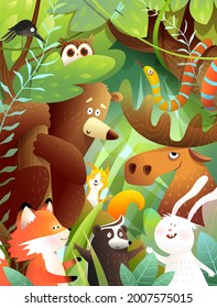 Woodland animals friends in green forest together. Bear, moose, rabbit, squirrel snake and other animals friends. Fun and colorful wildlife and zoo cartoon for kids. Vector design in watercolor style.