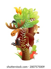 Woodland animals friends sitting on the big tree together. Bear, moose, rabbit, squirrel and other animals. Fun and colorful wildlife and zoo cartoon for kids. Vector design in watercolor style.
