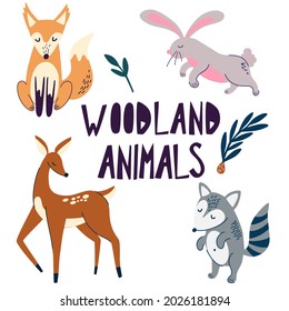 Woodland animals. Funny cliparts collection. Forest wildlife. Deer, fox, raccoon, rabbit cartoon characters. Vector cartoon set of cute forest animals in Scandinavian style.