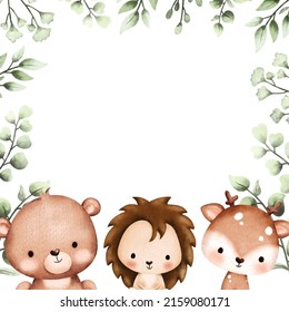 Woodland animals with green leaf frame template