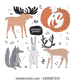 Woodland animals hand drawn flat color illustrations set. Lazy forest wildlife sketch drawings. Deer, fox, wolf, rabbit cartoon characters. Funny cliparts collection. Scandinavian style background