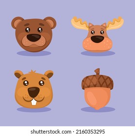 woodland animals heads and nut