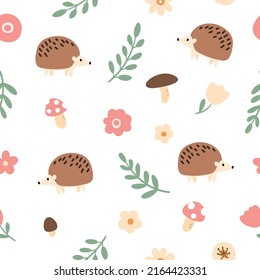 woodland animals hedgehog with flowers and leaves seamless pattern, forest digital paper, vector cute nursery background clipart