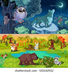 Woodland animals horizontal banners with night forest life and beasts near lake isolated vector illustration