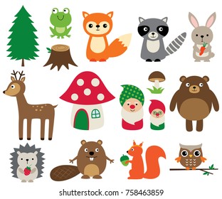 Woodland animals, isolated vector set