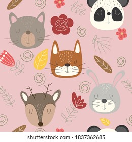 Woodland animals kids seamless pattern, pink background, vector animals