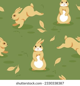 Woodland animals leaping and running. Nature cartoon character with long ears, bunnies and rabbits, hares with funny muzzles. Seamless pattern, background print or wallpaper. Vector in flat style