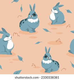 Woodland animals with long ears, cute bunnies and rabbits with long ears and short tails. Hares on field with leaves foliage. Seamless pattern, background print or wallpaper. Vector in flat style