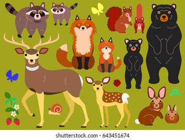 woodland animals parents and babies elements set