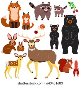 woodland animals parents and babies elements set, isolated on white