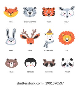 Woodland Animals Portraits Of Muzzles, Isolated Creatures Design. Fox And Wolf, Snow Leopard And Polar Bear. Raccoon And Panda, Hare And Tiger. Wildlife Fluffy Characters. Vector In Flat Style