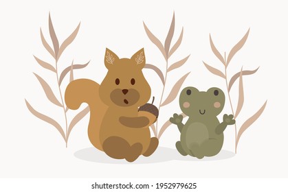 Woodland animals red squirrel and green frog sitteing on forest Glade.