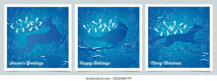 Woodland Animals Running with White Christmas Lights on Blue Background