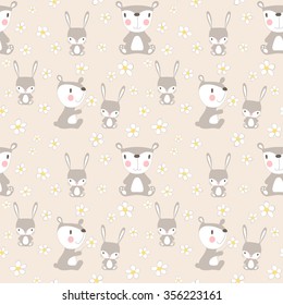 Woodland animals seamless pattern in childish cartoon style. Cute little rabbit, bear and chamomile flowers. Vector pattern can be used for wallpaper, pattern fills, print on fabric or paper.