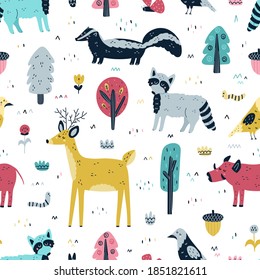 Woodland animals seamless pattern with deer, raccoon, skunk, boar, crow and other hand drawn elements. Cute forest characters background in Scandinavian style. Vector illustration