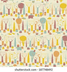 Woodland Animals seamless pattern in  four colors is hand drawn grunge illustration of forest animals. Illustration is in eps8 vector mode, background on separate layer. 