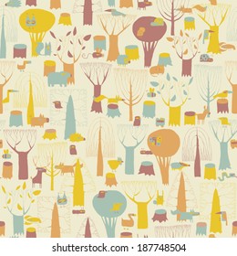 Woodland Animals seamless pattern in four colors is hand drawn grunge illustration of forest animals. Illustration is in eps8 vector mode, background on separate layer. 