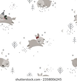 Woodland animals seamless pattern, running rabbit fabric design. Christmas fox and bear digital background.