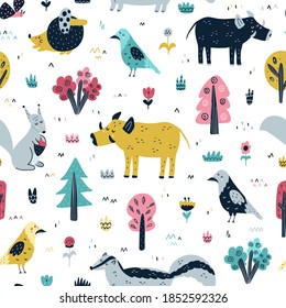 Woodland animals seamless pattern in Scandinavian style. Trendy forest background with boar, squirrel, hedgehog, crow and skunk. Print for fabric, textile, wrapping paper. Vector illustration