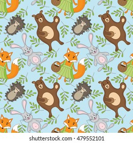 Woodland animals seamless pattern Vector background with fox bear hedgehog rabbit. Vector forest design. Seamless pattern can be used for surface textures, gift wrapping, scrap booking, greeting cards