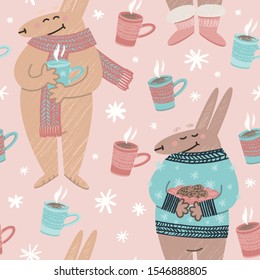 Woodland animals seamless vector pattern. Two cute cartoon bunnies character sketch drawing. Mammals holding cup of tea and cookies. Christmas texture. New Year textile, wrapping paper, background.