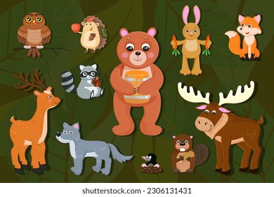 Woodland animals set. Cute forest wild life fox, bear, wolf, rabbit and deer. Perfect for scrapbooking, card, poster, sticker kit. Children educational banner. Fauna image for kid. Vector illustration