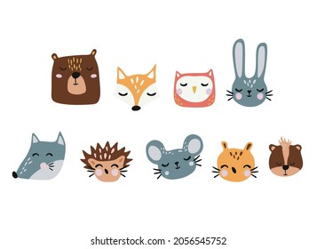 Woodland animals set. Cute fox, bear, wolf, rabbit and birds. Perfect for scrapbooking, cards, poster, tag, sticker kit. 