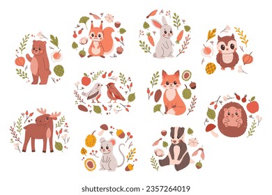 Woodland animals set. Cute fox, bear, elk, rabbit and birds. Perfect for scrapbooking, cards, poster, tag, sticker kit.