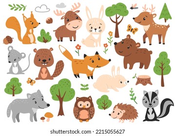 Woodland animals set with fox, hare, bear and other. Hand drawn vector illustration.