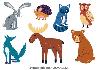 Woodland animals set. Hand draw Elk, wolf, hare, bear, raccoon, owl and hedgehog. Perfect for scrapbooking, cards, poster, tag, sticker kit. Funny cartoon characters for kids. Vector illustration. 