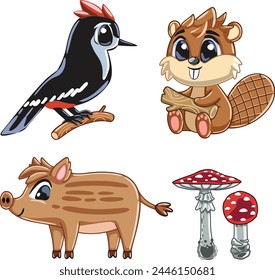 Woodland animals set isolated on white background.