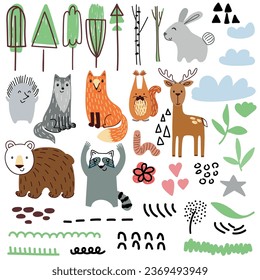 Woodland Animals Set. Vector Illustration. Cute cartoon characters.