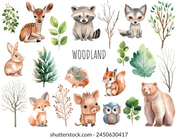 Woodland animals. Set of wild watercolor forest animals. Green trees and plants. Bear, fox, deer, boar, hedgehog.