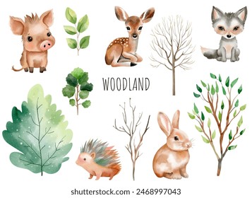 Woodland animals. Set of wild watercolor forest animals. Green trees and plants. Deer, boar, hedgehog, rabbit.