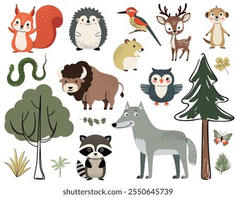 Animais e árvores da floresta. Animais lindos da floresta. Esquilo, pica-pau, meerkat, cobra, bisão, coruja, lobo, guaxinim.