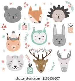 Woodland animals vector illustration. Cute and funny animal faces and winter holidays design elements