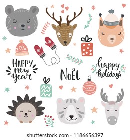 Woodland animals vector illustration. Set of christmas and winter holidays lettering and design elements and cute animals