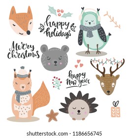 Woodland animals vector illustration. Set of christmas and winter holidays lettering and design elements and cute animals in winter clothes