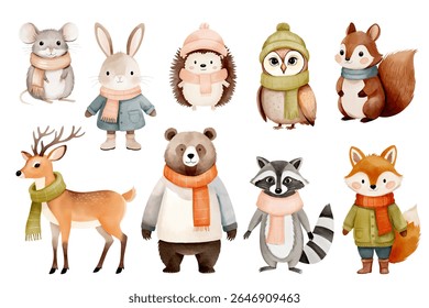 Animais da floresta em roupas de inverno. Raposa, veado, urso, esquilo, lebre, guaxinim e coruja. Ilustração em aquarela