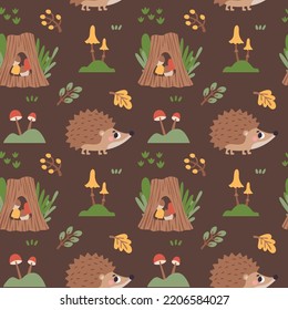Woodland autumn vector seamless pattern with animals, hedgehogs, mushrooms, stump, bumps, trees, plants, leaves, berries, flowers
