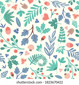 Woodland Autumn And Winter Foliage Pattern Design. Cute Seamless Repeat Of Forest Leaves, Acorns, Mushrooms, And Berries. Vector Tossed Illustration Background.