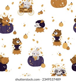 Woodland baby animals seamless pattern. Autumn vector background with cute bear, bunny and hedgehog. Childish fabric design with tiny pumpkins.