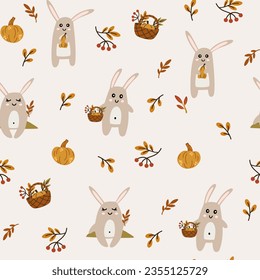 Woodland baby animals seamless pattern. Autumn vector background with cute bunny, berry, leaf and pumpkins. Creative background for fabric, textile, scrapbooking, prints. Vector illustration
